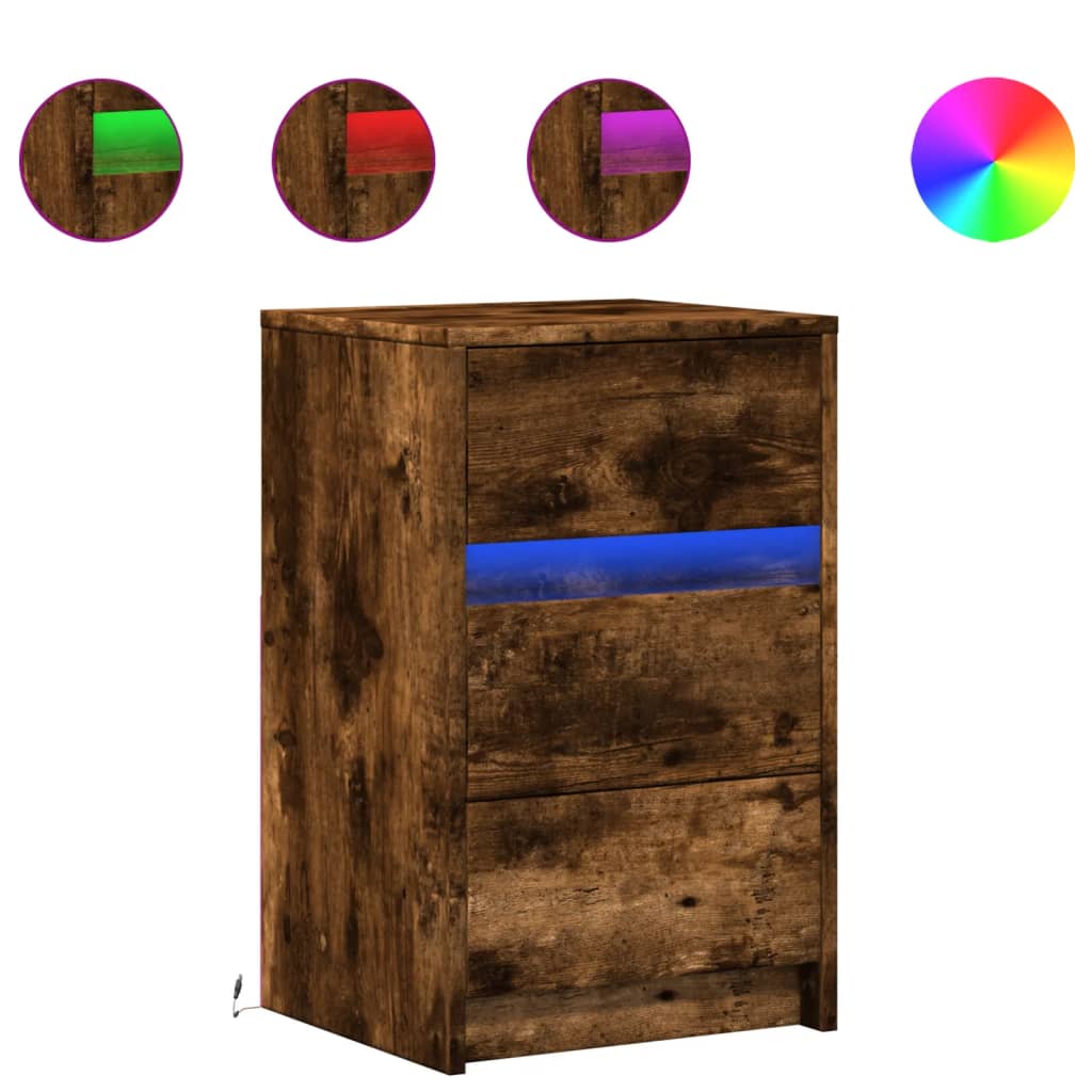 LED Nightstand, Smoked Oak, Wood-Based Material