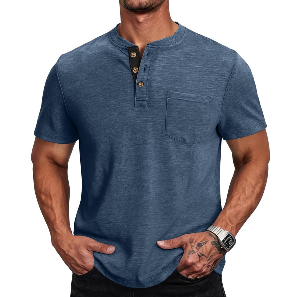 Men Henley Neck Short Sleeve T Shirt Casual Basic Button Front Athletic Fit Pullover Top with Chest Pocket for Everyday Wear