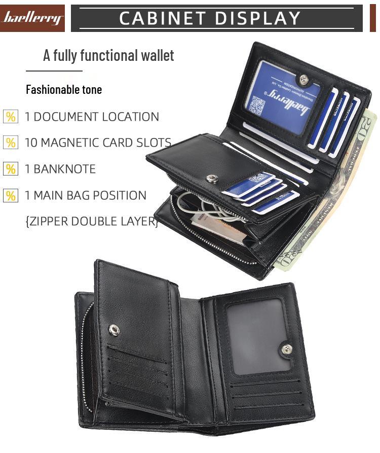 Baellerry Men's Zipper Short Wallet - Multi-Card Slot, Fashionable Vertical Mini Coin Purse