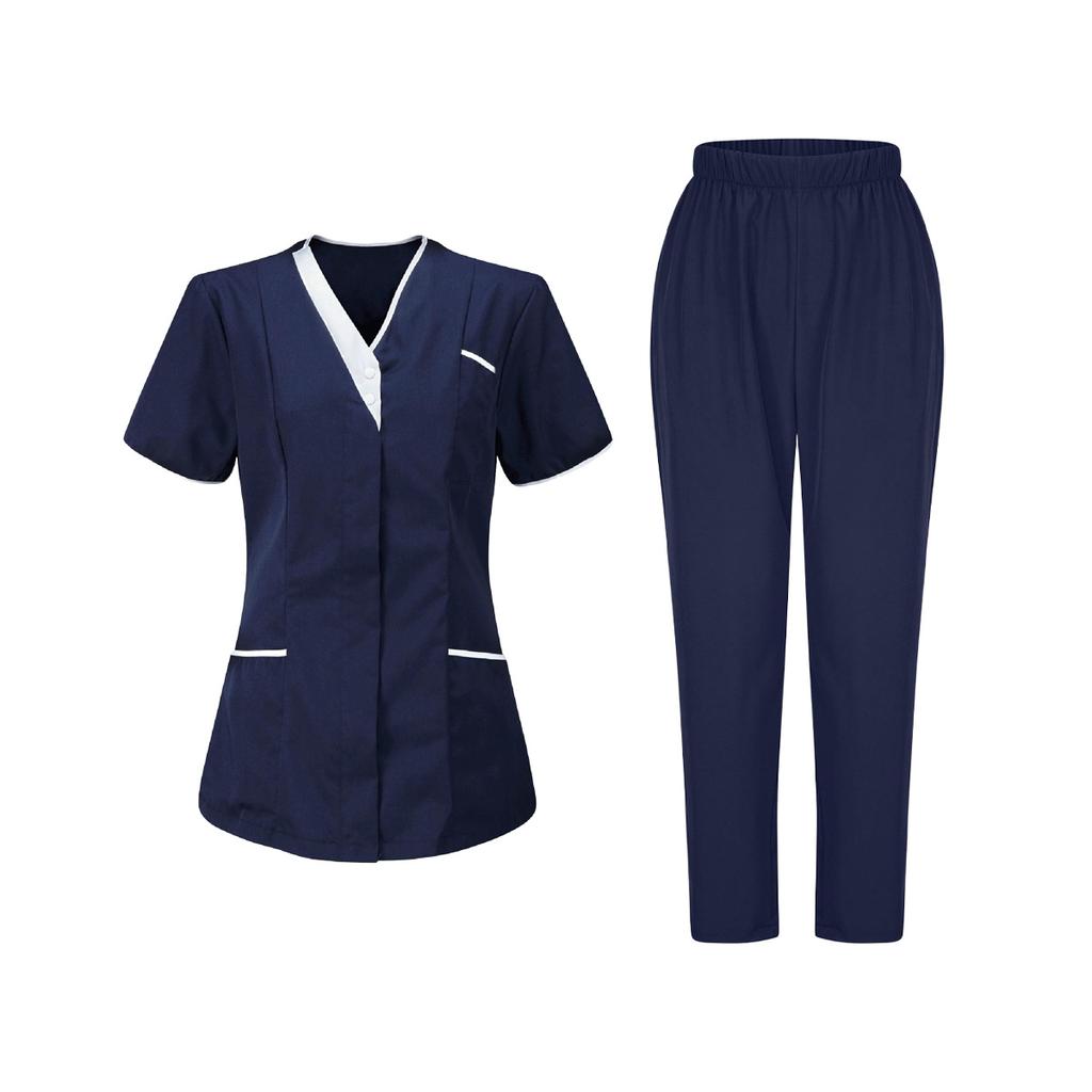 Women's Uniforms Quick Dry Fabrics V-Neck With Pockets Short Sleeves Long Pants Solid Color Workwear Suit