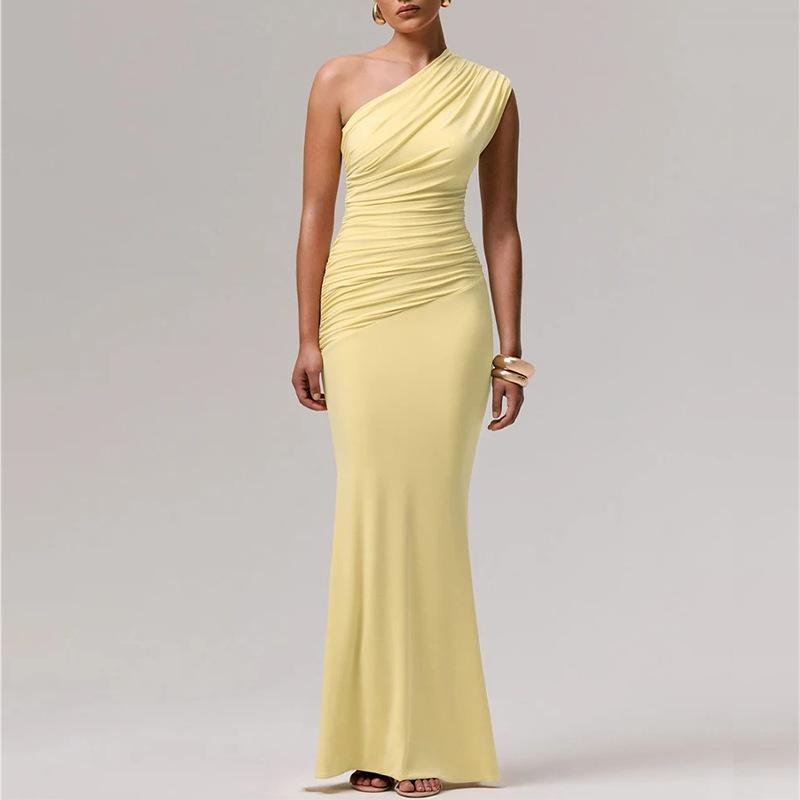 Elegante Abito Maxi Sexy Monospalla Arricciato Donna Moda Scollo Diagonale Senza Maniche Schiena Scoperta Bodycon Abito da Sera Club