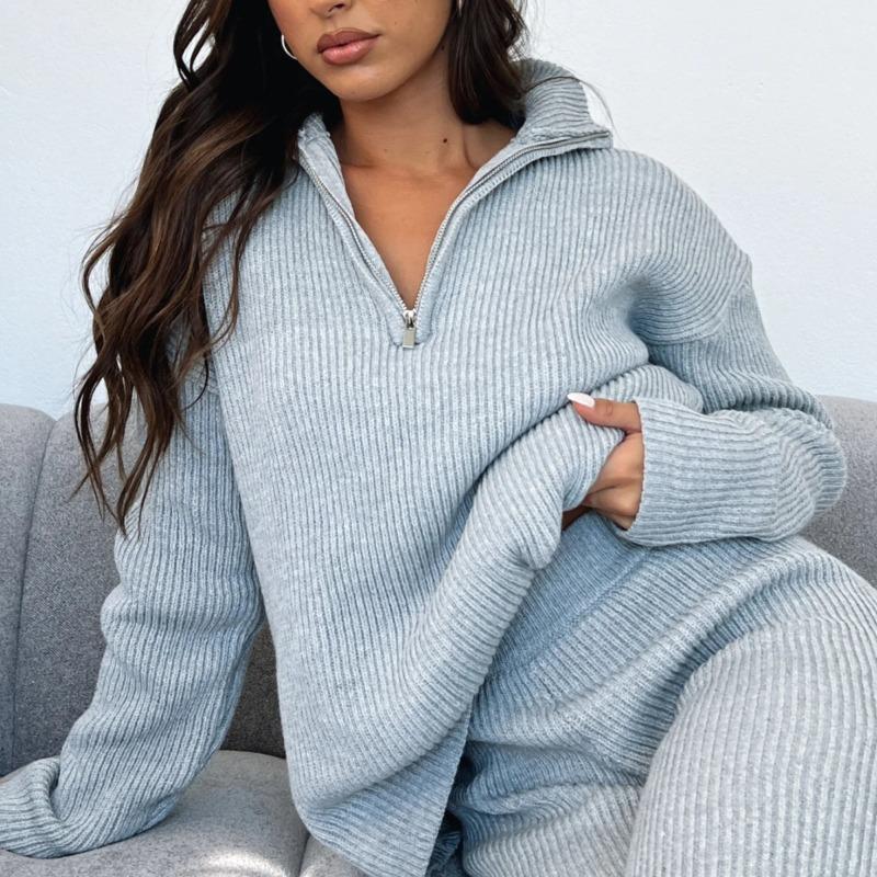 Mode Damen Strickhosenanzug Lässig Umlegekragen Halber Reißverschluss Lange Ärmel Locker Zweiteiliges Set Dame Herbst Winter Lässig Indoor-Sets