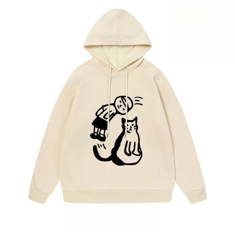 

American Retro Fun Characters Kitten Pattern Printing Loose Casual Men s Autumn and Winter New Hooded Cycling Guard Clothes 3XL