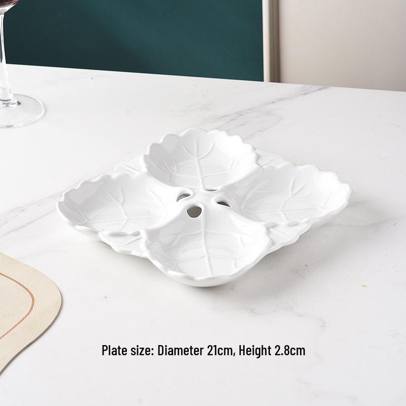 Embossed Leaf Design White Ceramic Divided Plate - Four Sections for Snacks or Cold Dishes