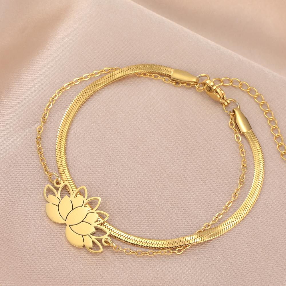 Bracelet Fleur de Lotus Dawapara Charme Lotus Bonne Fortune Bracelet Femme Cadeaux Amoureux Méditation Yoga Bijoux Couple Acier Inoxydable