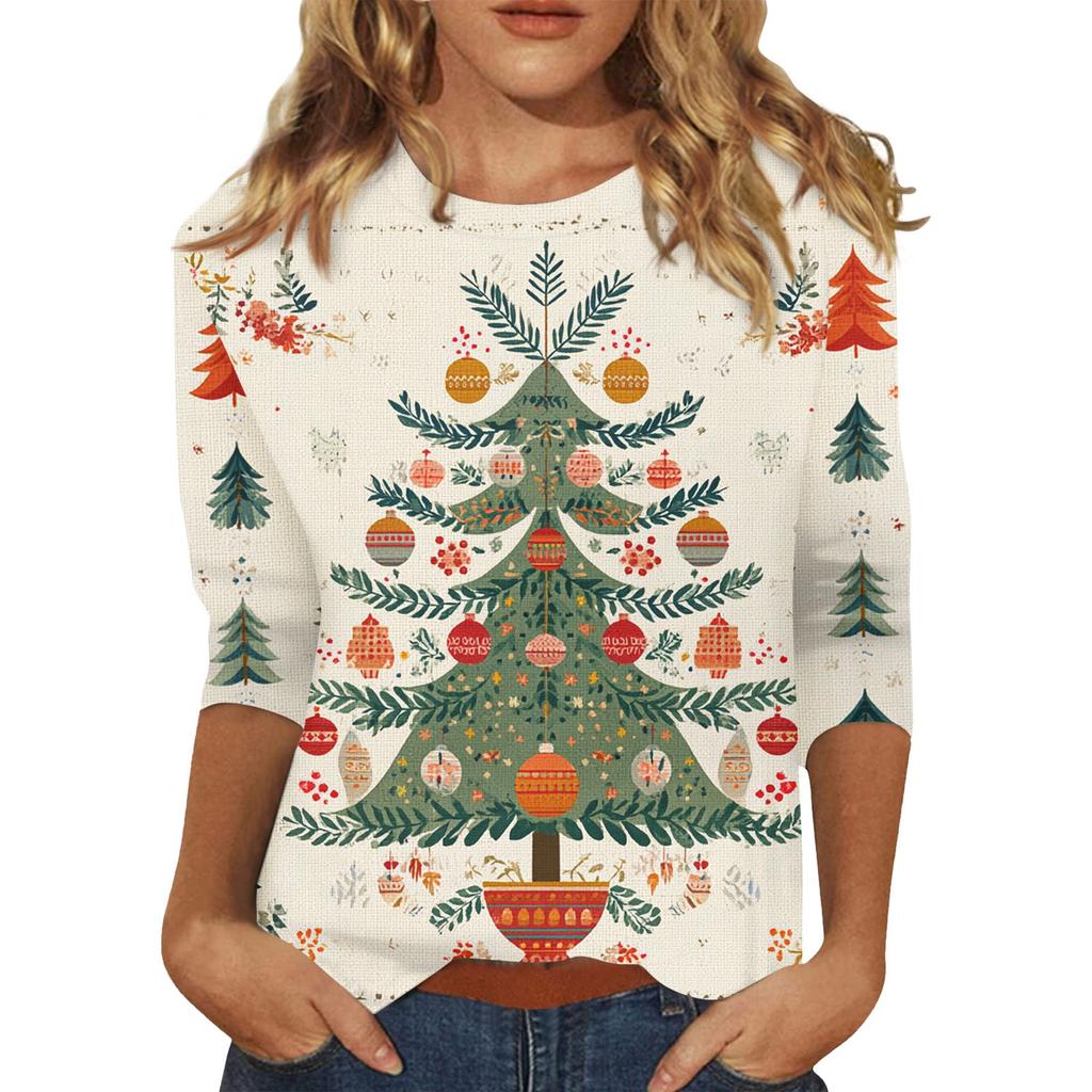 Women's O-Neck 3/4 Sleeve Christmas Print Top