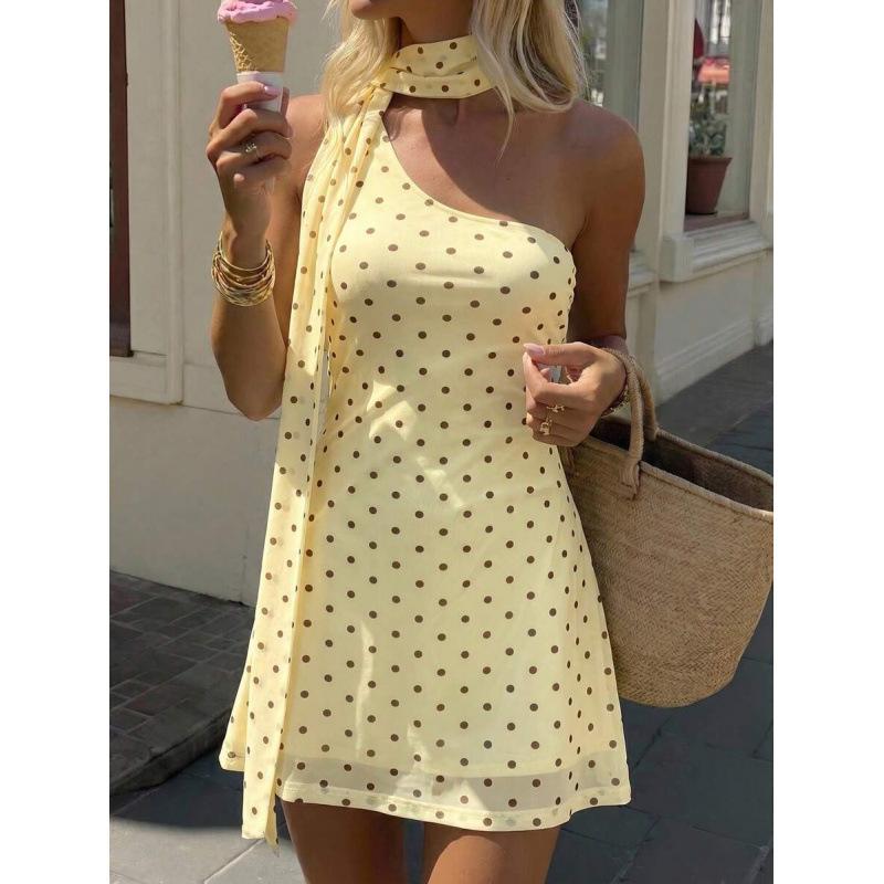 European summer new French retro temperament polka dot pattern slanted shoulder sleeveless short dress XXS