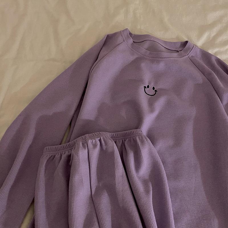 Waffle Suit Women's Spring and Autumn Smiling Face Loose Casual Leggings Two-piece Home Clothes Can Be Worn Outside