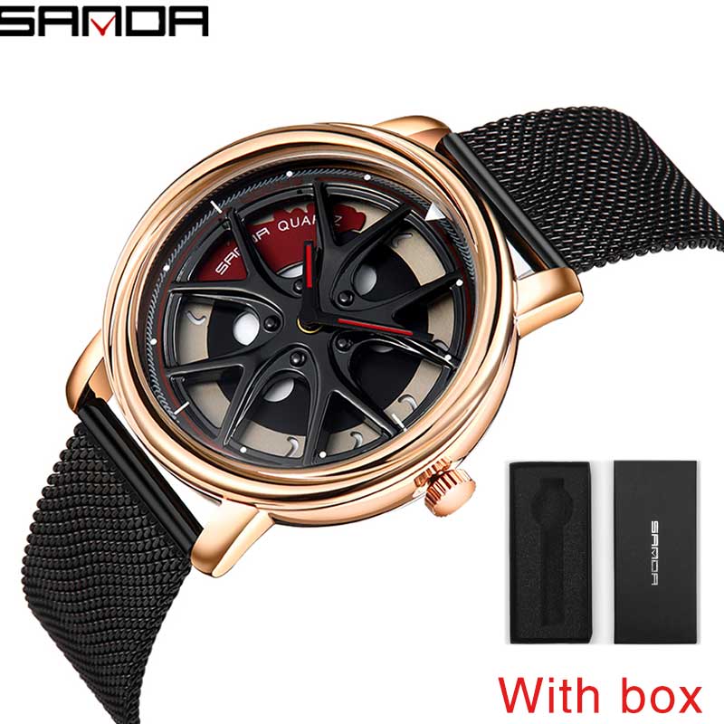 SANDA Top Men Quartz Watches Sports Car Watch Waterproof Sport 360℃ Rotating Rim Hub Wheel Wristwatch Car Quartz Men's Watches