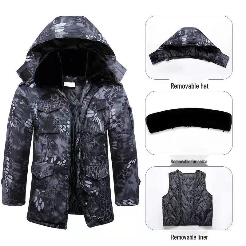Men's and Women's Army Green Camouflage Winter Coat, Cotton-Padded, Mid-Length, Plus Velvet, Thickened for Cold Protection.