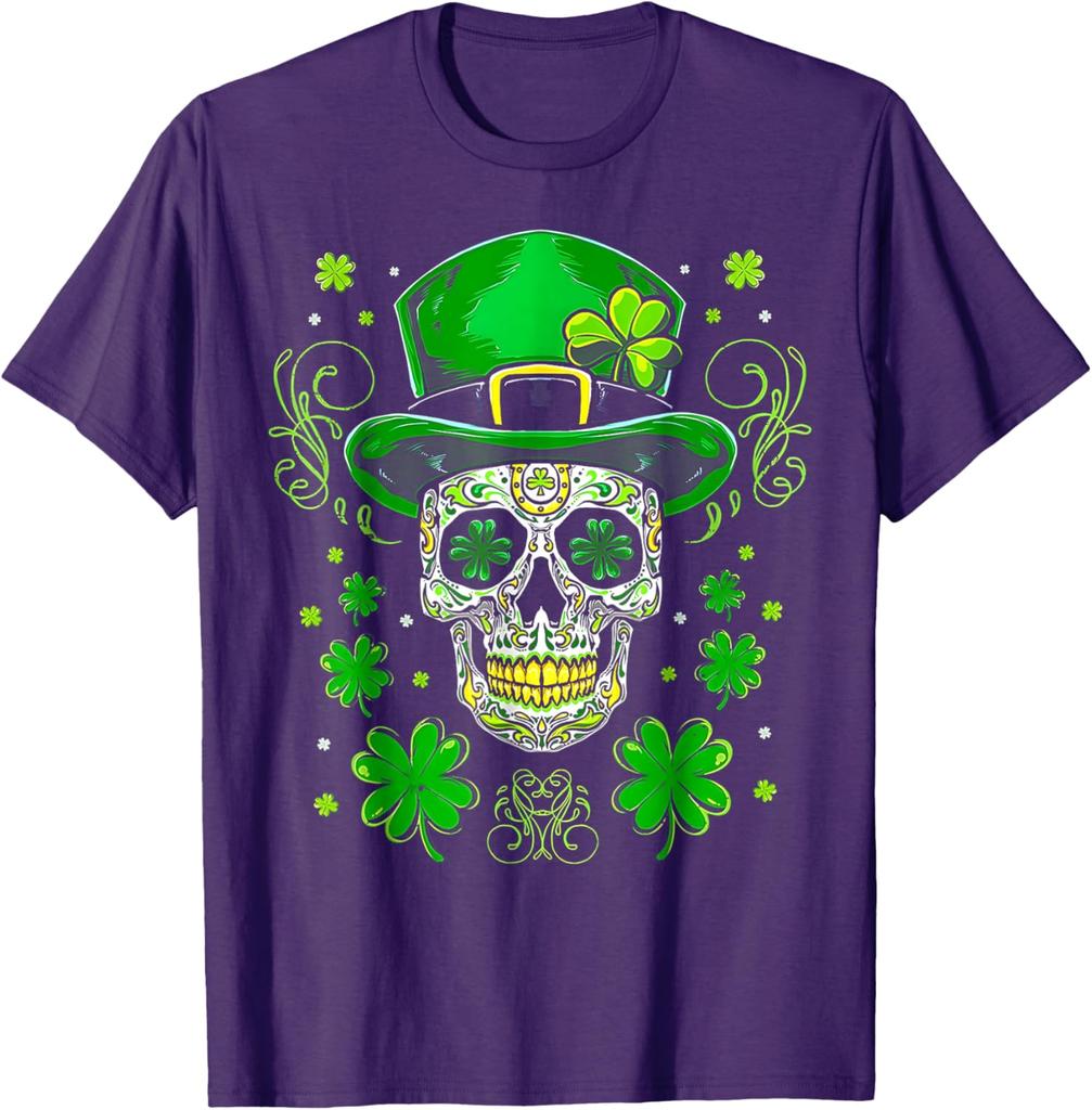 Sugar Skull Leprechaun Hat St Patrick Day Graphic Tee Cotton Short Sleeve Casual T-Shirt for Men