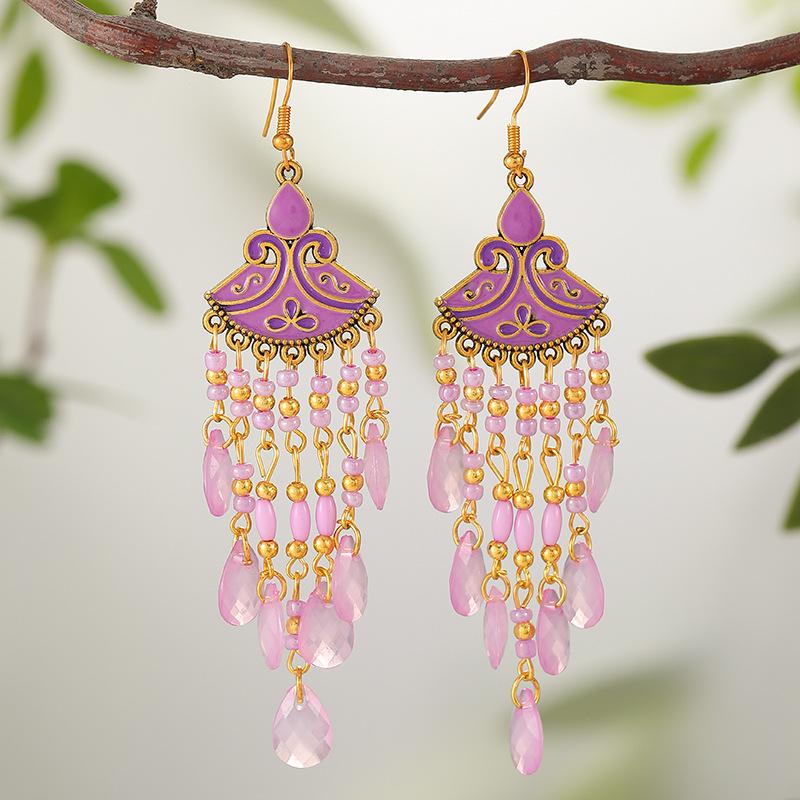 Bohemian Fan Shaped Water Drop Earrings for Women Ethnic Long Temperament Dangle Earring Party Vacation Jewelry