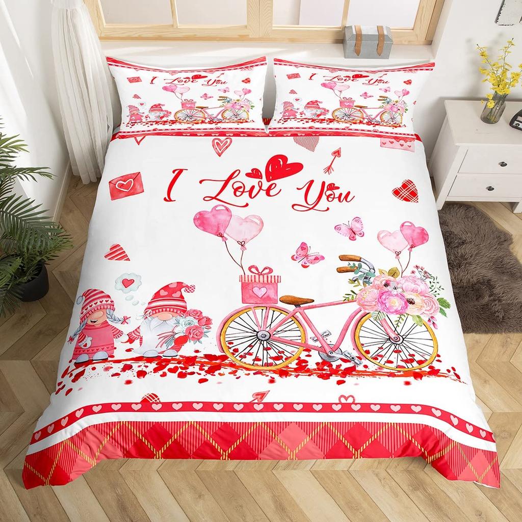 Valentines Day King Duvet Cover Romantic Bedding Set Kawaii Couple Gnome Comforter Cover Pink Rose Hearts Polyester Quilt Cover