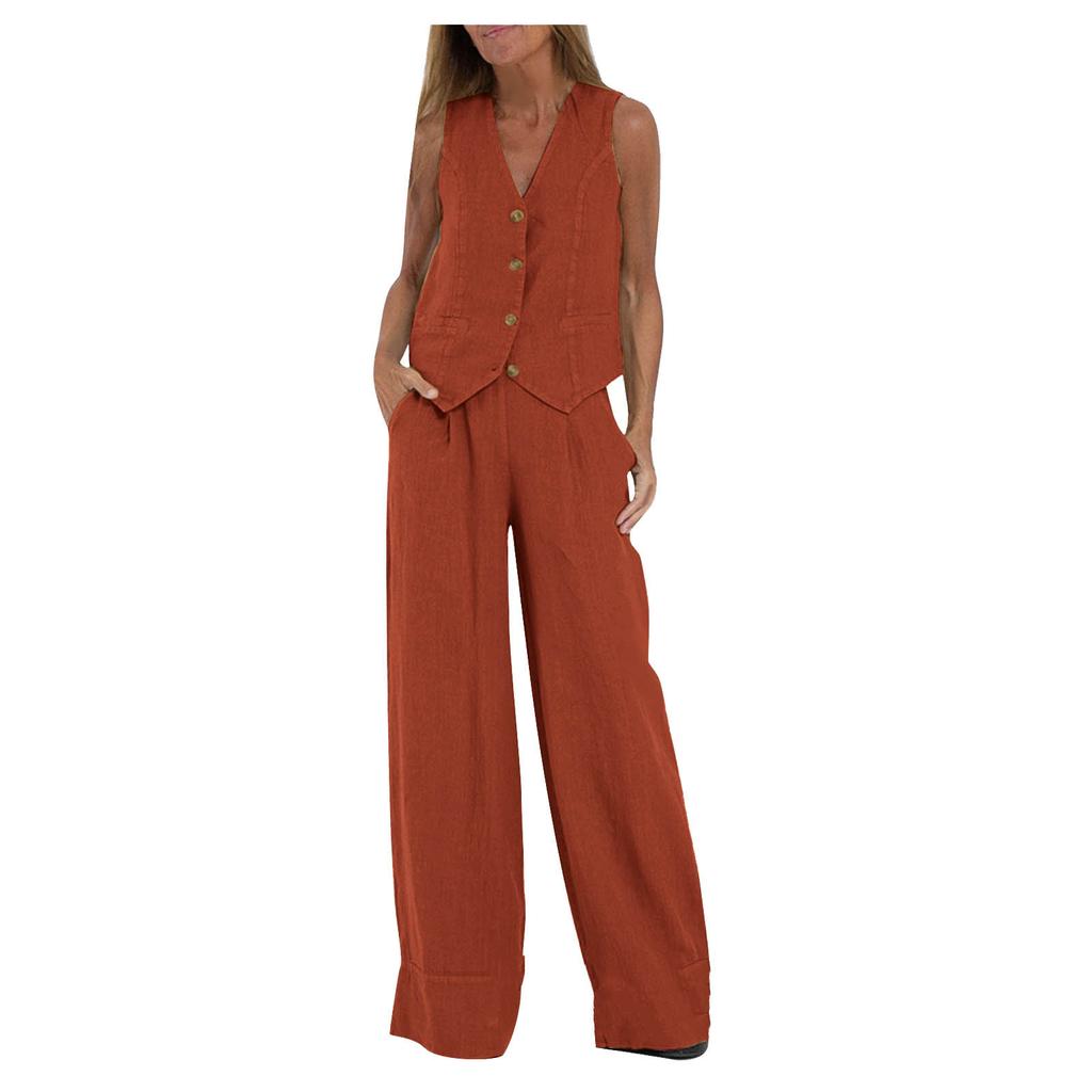 Completo in Lino da Donna - Completo 2 Pezzi Camicia Bottoni Scollo a V Senza Maniche Pantaloni Vita Alta Gamba Larga Set Coordinato
