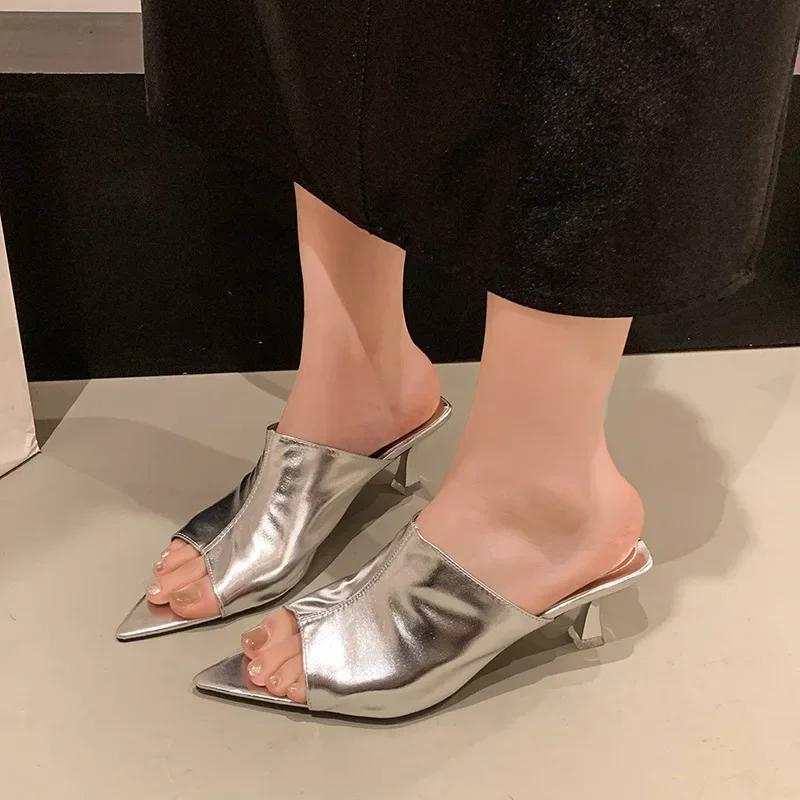 Fashion 2025Women's High Heel Slippers Summer Open Toe Trendy Design Sensation Single Shoes for Skirts Half Slippers Fashionable Slides