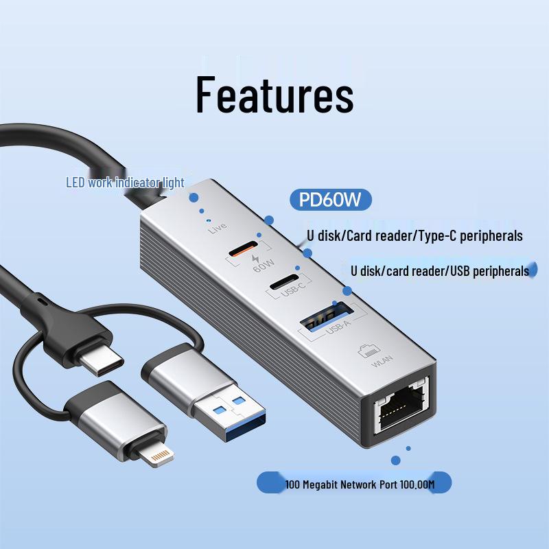 USB Hub with 100M Network Card - Driver-Free, Three-in-One, Laptop Multifunctional Extender