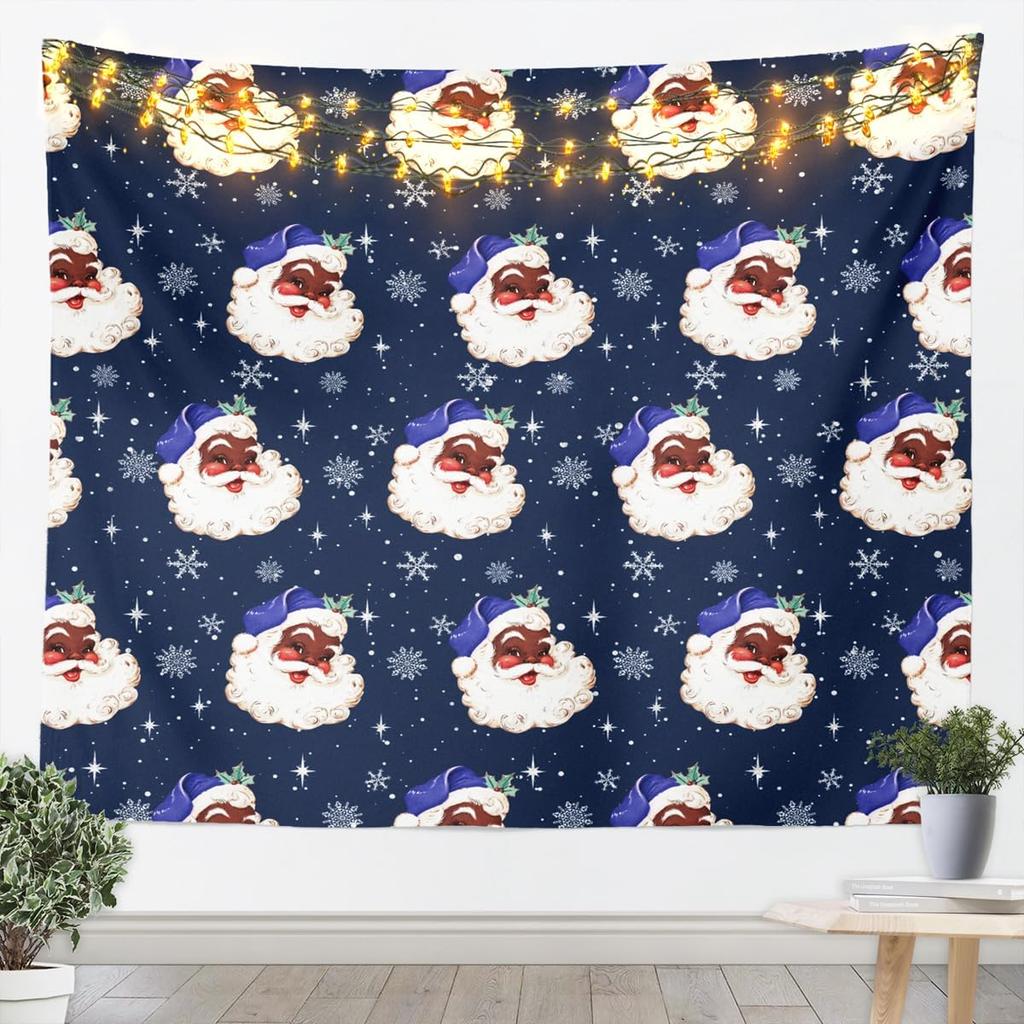 Black Santa Claus Tapestry Afro African American Wall Art Merry Christmas Wall Hanging Blanket for Living Room Bedroom Home