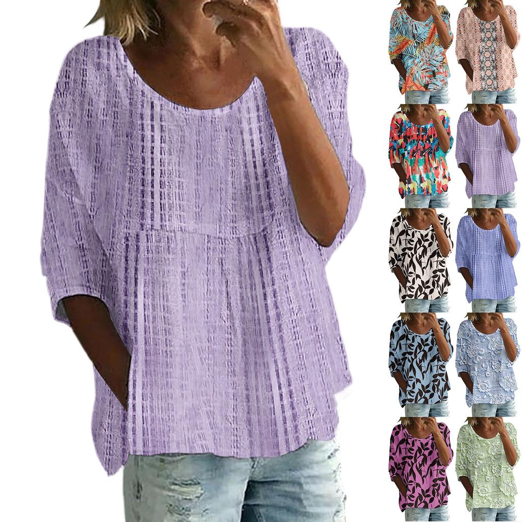 Dame Casual Mote Trekvartsermet Løs Rund Hals Blomsterprint Topp