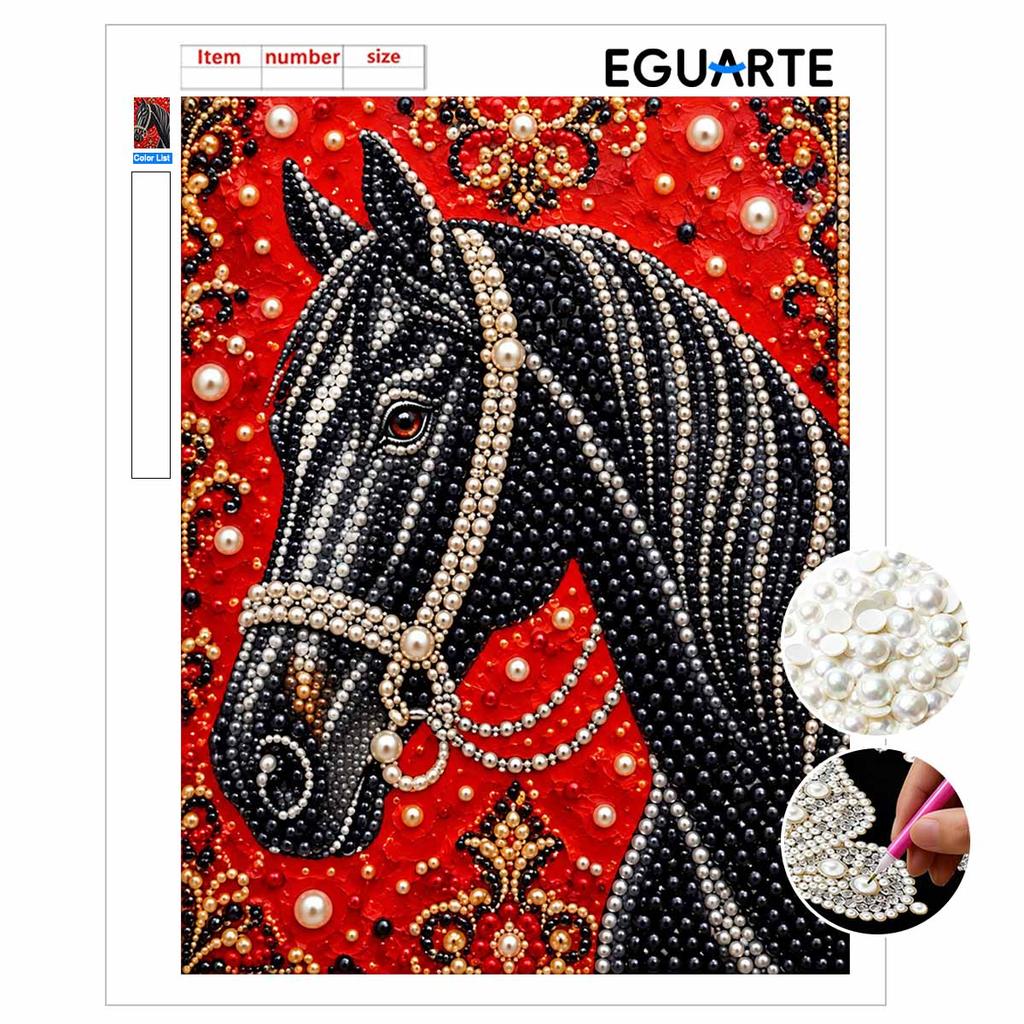 Sparkling Pearl Painting Kit with Frame Majestic Black Horse Portrait Bead Art Canvas Relaxing Craft Home Wall Decor Birthday Gift