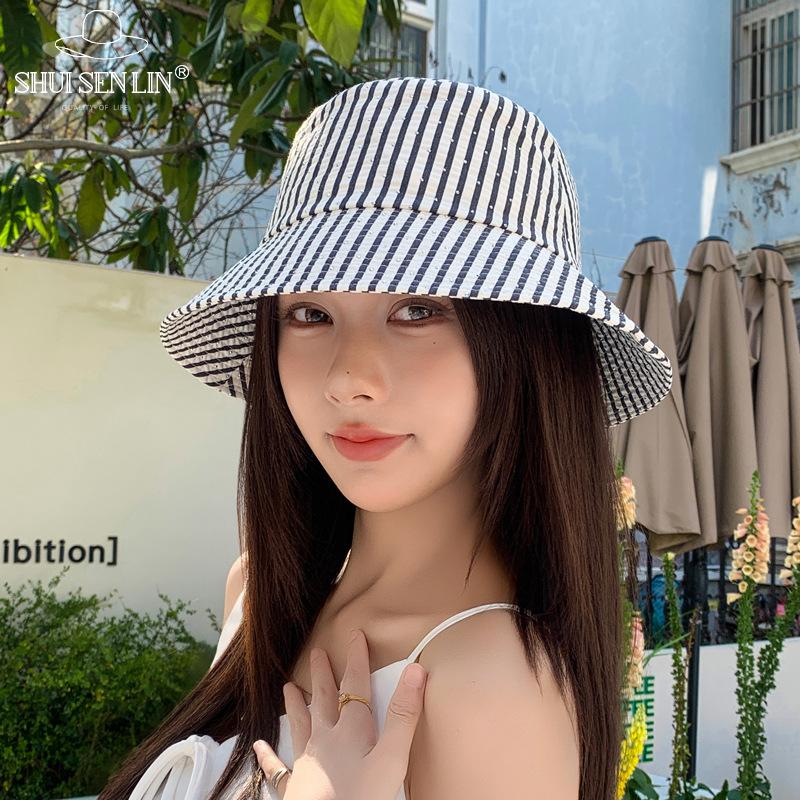 Spring and Autumn Water Diamond bucket hat Striped color matching hat Women's outdoor leisure bucket hat Shade basin hat