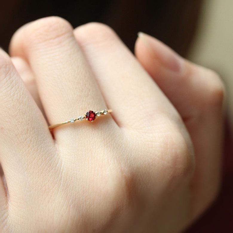 18K Gold Plated Ruby Ring for Women – Elegant Thin Band, European Fashion Engagement Ring, Dainty Gold Jewelry