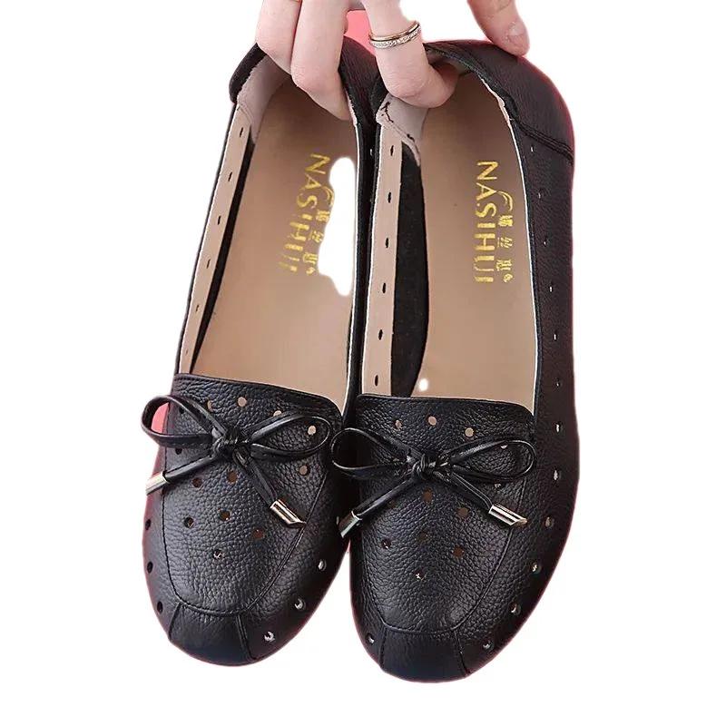 Fashion Round Toe Bow Flat Shoes Woman  Autumn Mother Breathable Comfortable Soft Leather Casual Shoes Zapatillas Mujer