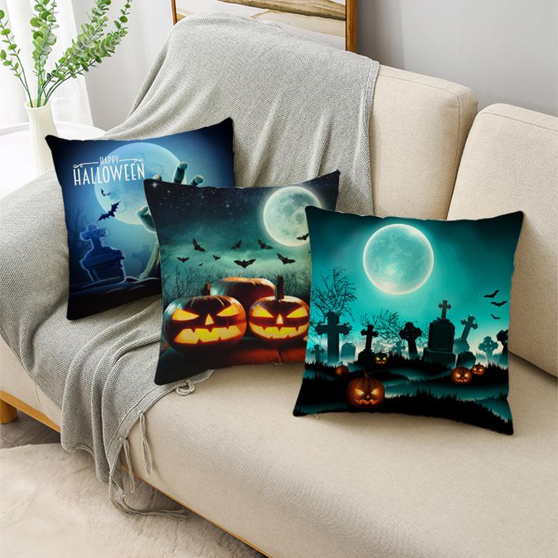Happy Halloween Pumpkin Lantern Moon Graveyard Blue Linen Throw Pillowcase Decorative Cushion Cover For Sofa Livingroom Party