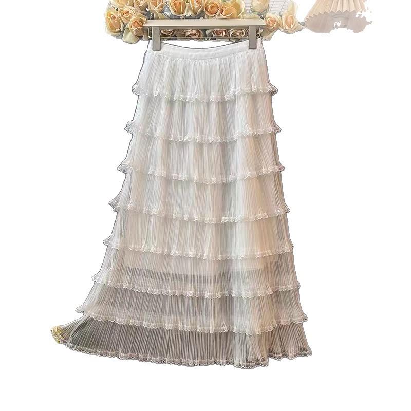 Elegant Autumn Layered Mesh Cake Skirt - Women's Slim-Fit Long Fluffy Gauze Umbrella Skirt
