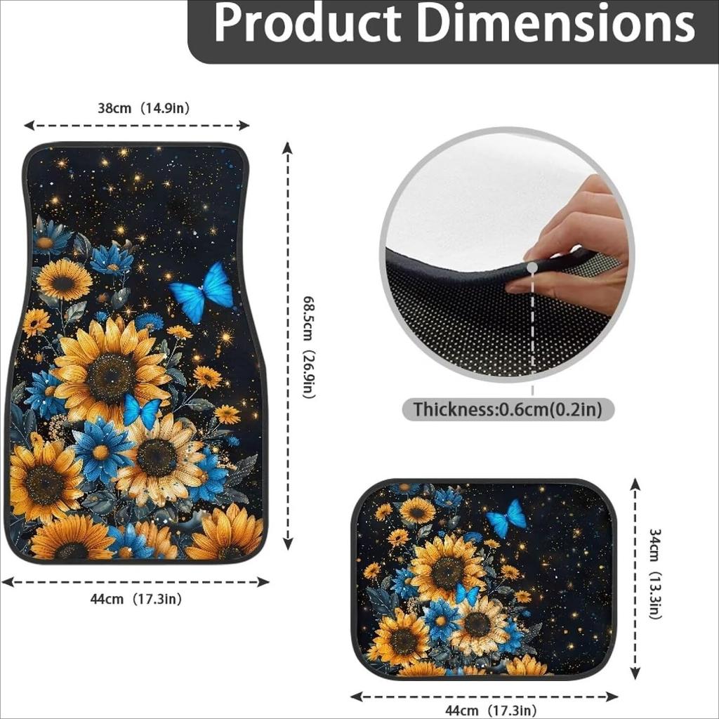 Sunflower with Butterfly Universal Car Floor Mats Set,4 Pack All Weather Car Floor Carpets Protector Rugs for Women Driver Gift