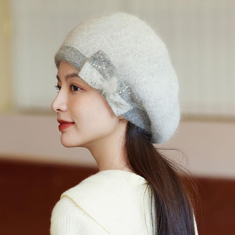 

Winter Fashion Rabbit Fur Beret for Middle-Aged and Elderly Women - Warm, Cold-Proof Knitted Hat Adjustable 56-58cm Adult Size бежевий