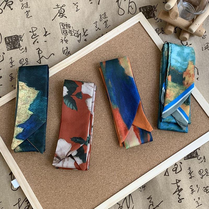 Silk scarf premium sense slender strip narrow silk scarf women's retro versatile streamer headscarf headband hair band hair tie bag decorative belt