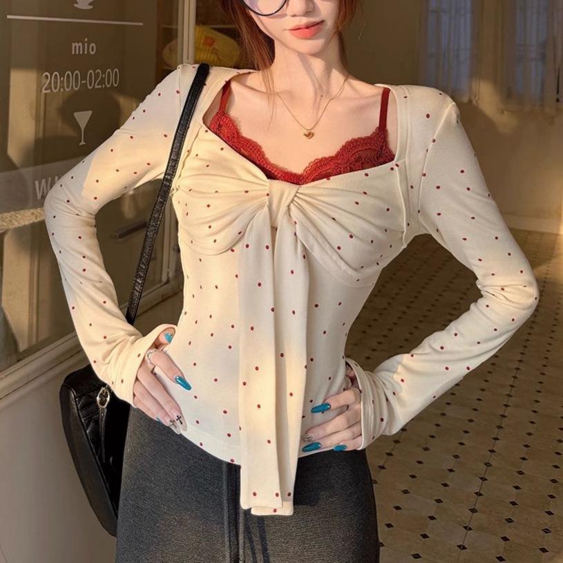 Spring/Autumn Women s Polka Dot Lace-up Bow Slim-Fit Long Sleeve T-shirt Double Extra Large (XXL)