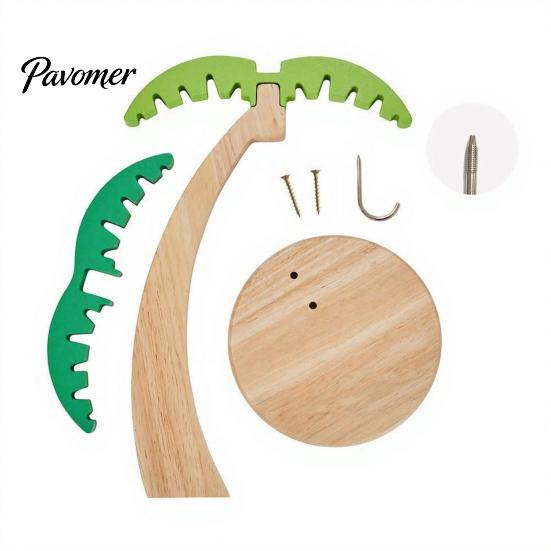 Natural Wood Fruit Stand Wooden Banana Hanger, Coconut Tree Shape, with Metal Hook, Display Tropical Theme Stable Base Rack, for Kitchen Countertop