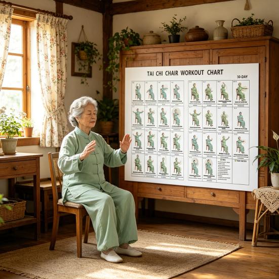 Tableau d'exercices de Tai Chi sur chaise pour seniors Plan d'exercices structuré de 30 jours avec Tai Chi assis et exercices de marche