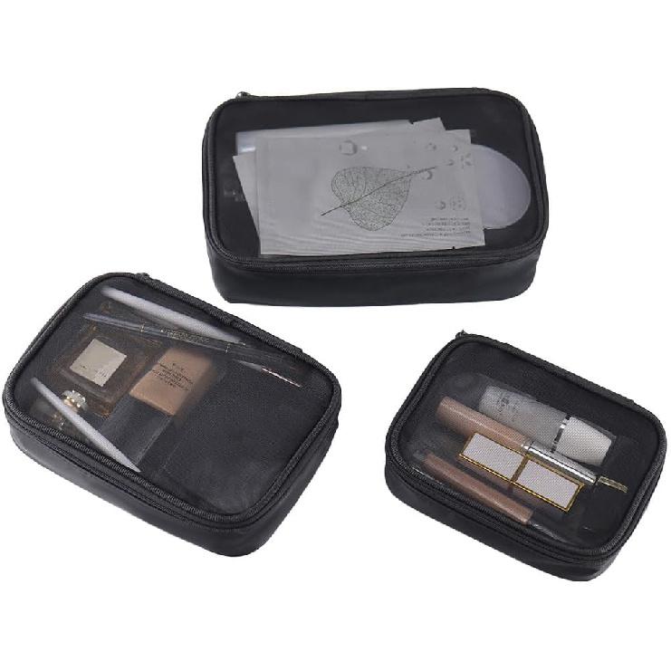 Mesh Makeup Bag, 3 Pcs Makeup Bag Set, Lightweight Mesh Cosmetic Bag with Zipper (S, M, L)