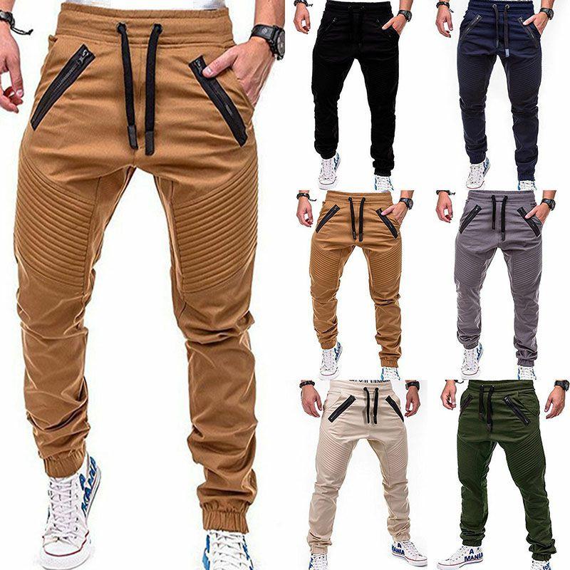 Men's Slim Fit Cuffed Trousers With Adjustable Waist And Multiple Pockets