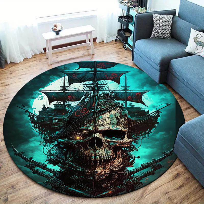 Retro Skull Round Area Rug,Carpet Rug for Living Room Bedroom Sofa Playroom Decor,Non-slip Floor Mat