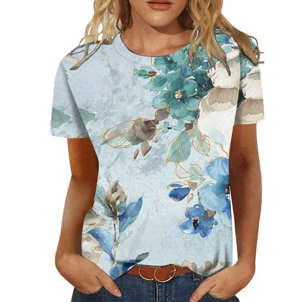 Fashionable Flower Print 3D Printed Women's New Round Neck Short Sleeved T-shirt