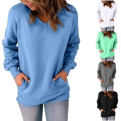 Γυναικείο Καθημερινό Φούτερ με Λαιμόκοψη V, Χαλαρό, Μαλακό, Μακρυμάνικο Πουλόβερ, Μονόχρωμο Πουκάμισο με Πλαϊνές Τσέπες