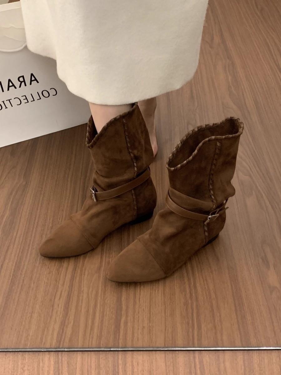 

Korean version of square head suede splicing belt buckle knight boots women s spring and autumn 2025 new thick heel sleeve fashion boots 40 коричневый