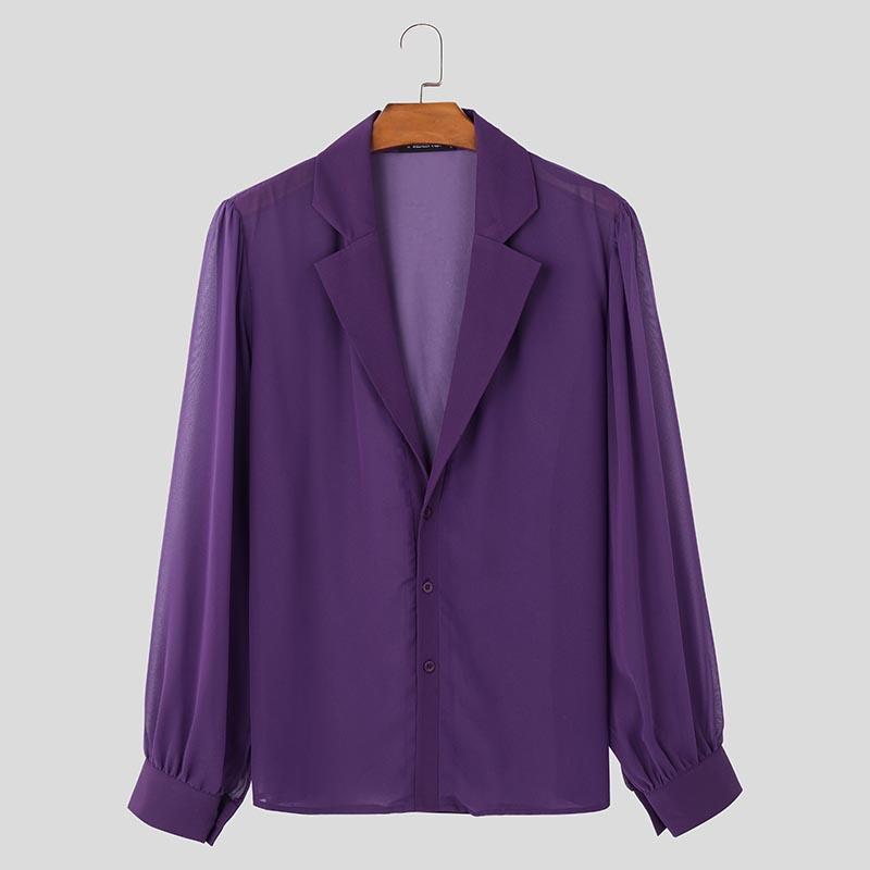 

INCERUN Мужские рубашки с длинным рукавом и лацканами, на пуговицах, с сеткой, прозрачные 2XL