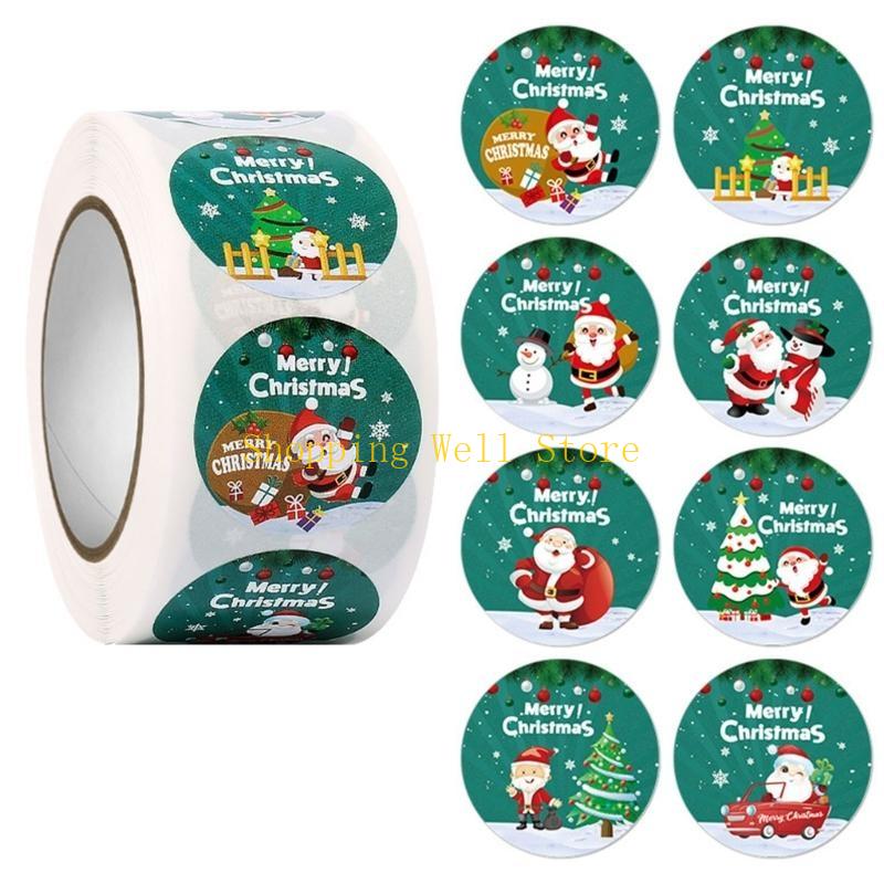 KX4B 500pcs/roll Merry Christmas Stickers Round Adhesive Christmas Theme Seal Labels