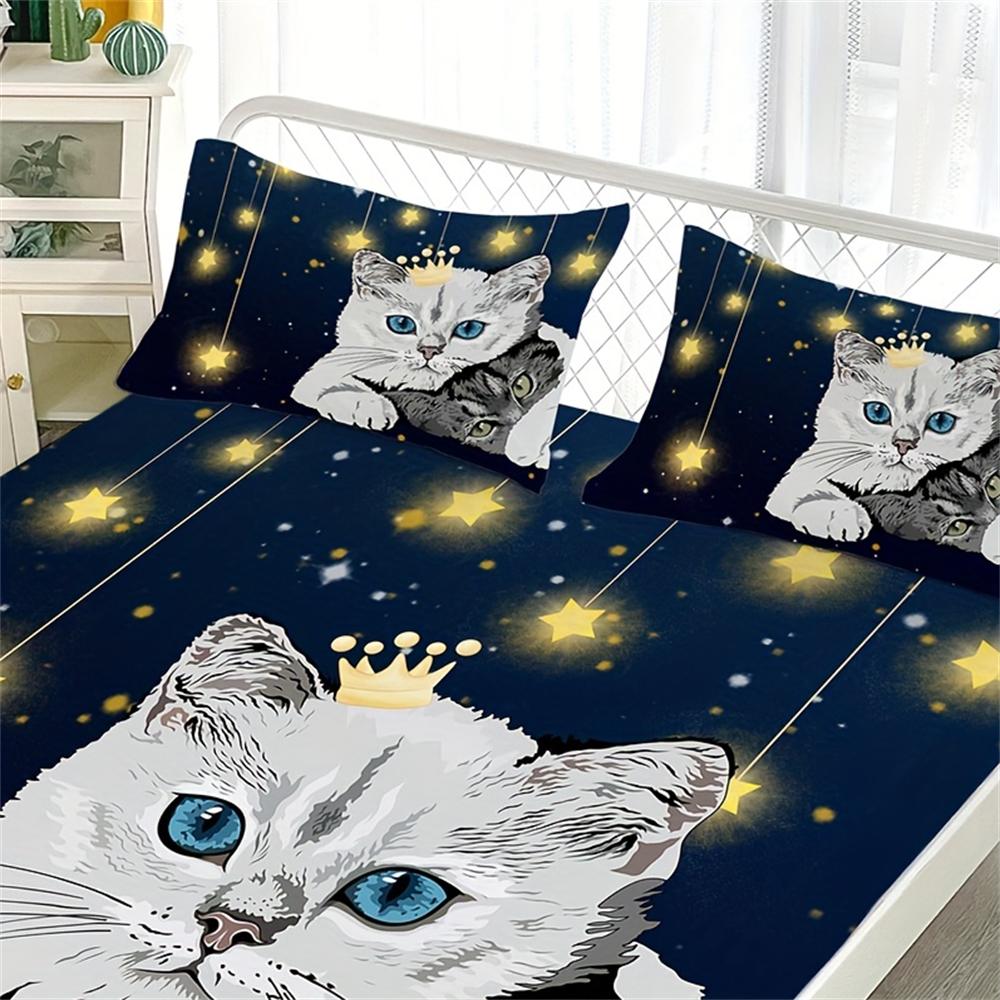 Pet Cat Print 3pcs Fitted Sheet Set, Soft Comfortable Breathable Starry Sky Bedding Mattress Protector Set, For Bedroom, Guest