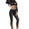 Erotic New Women's Sexy PU Faux Leather Two Piece Set Lace-Up Crop Top And Bandage Pants Birthday Night Club Outfit Matching Set