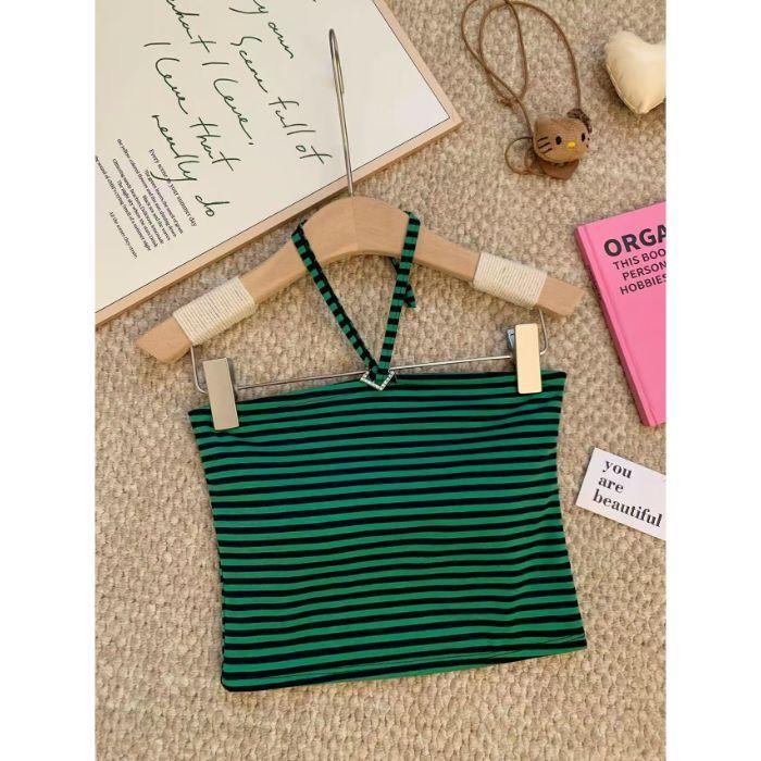 Summer new retro sexy pure desire wind straps neck striped sling vest female slim tube top beauty back top