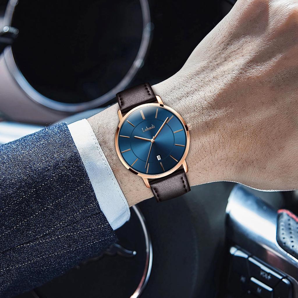 Simple Fashion Casual Business Watch Japanese Quartz Movement 40mm Dial Genuine Leather Band Unisex Band Rose Gold Case Blue Men's Ultra-thin 6.5MM