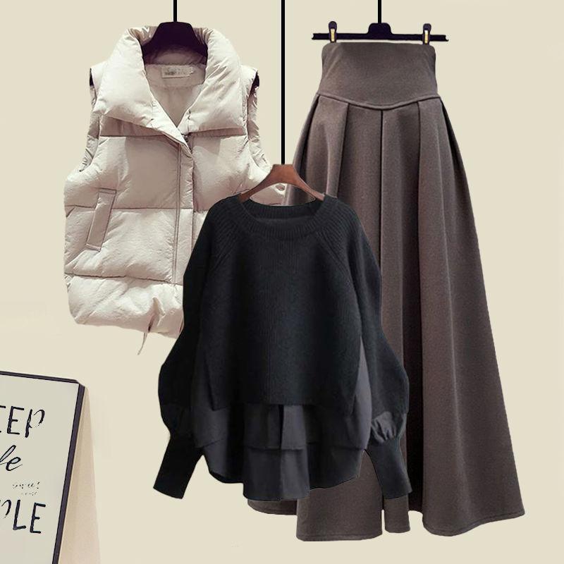 Women Large Loose Fake Two-piece Sweater Versatile Vest Slimming Half Skirt Three Piece Set
