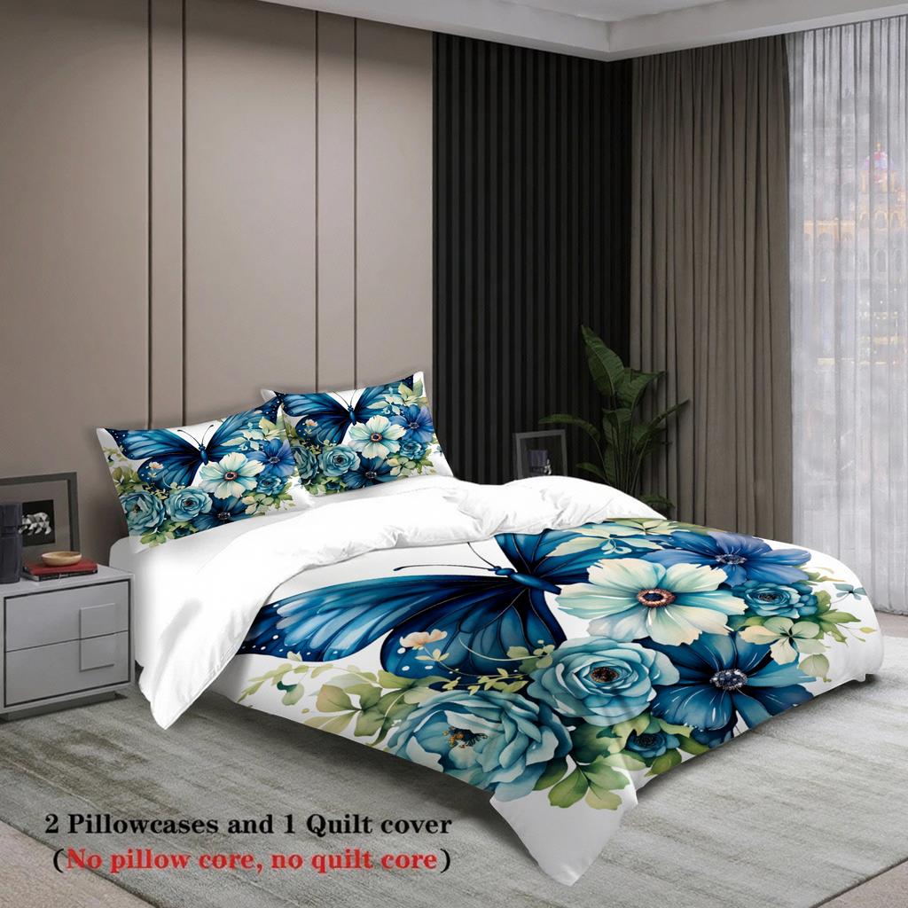 3pcs Butterfly Flower Bedding Sets 3D Printed Blue Floral Easy Care Duvet Cover Sets With Pillowcases No Filling
