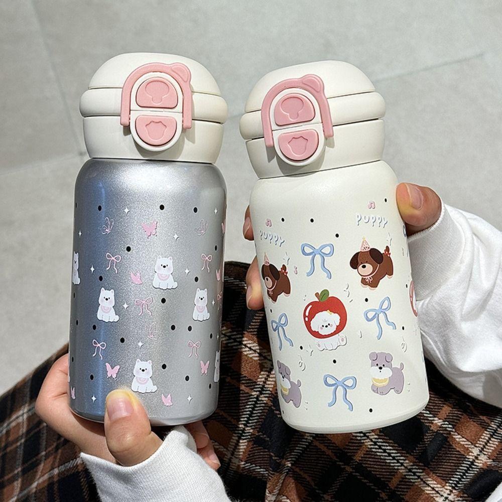 Leak-proof Thermal Water Bottle Straw Design Bouncing Insulated Tumbler Bow Cat Thermos Cup  Kids
