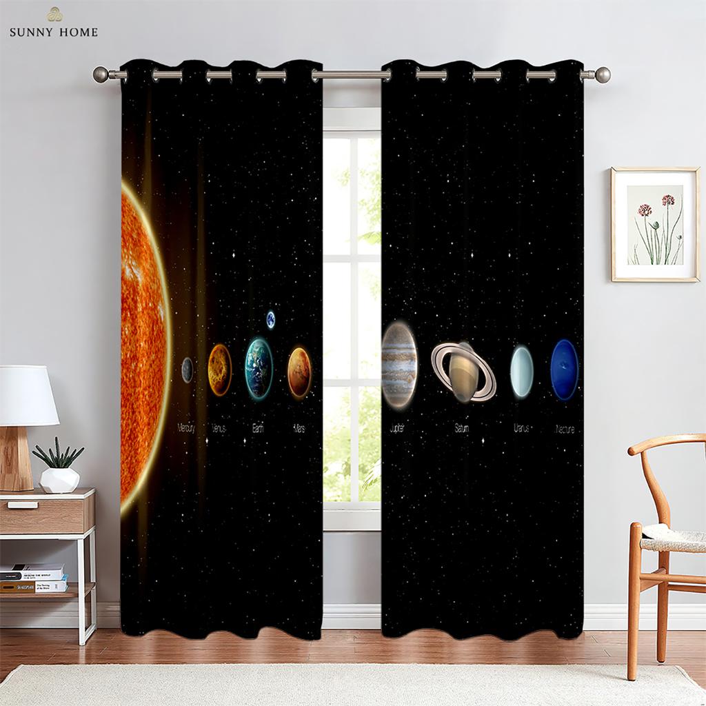 Cartoon Starry Sky Planet Curtains Children's Room Living Room Study Window Decoration Curtains Can Be Customized 2 Pieces